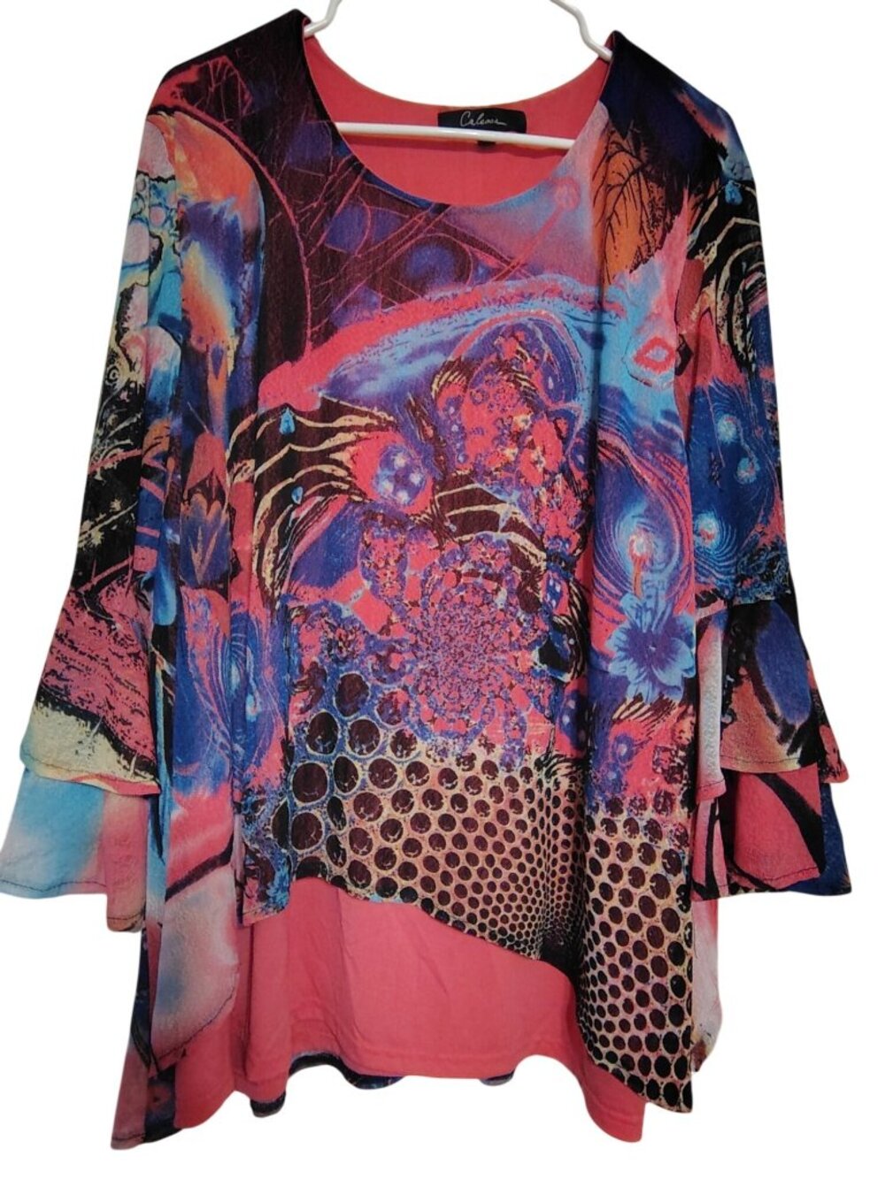 Calessa 3X Plus Size Tunic Top, Pink Purple Art to Wear Lagenlook Tiered Layered